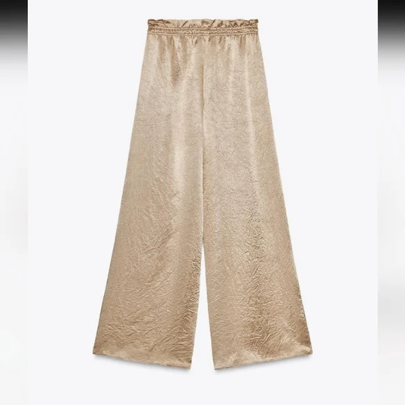 Zara Zw Collection Gold Satin Wide Leg Flowy Pants With Elastic Waist Sz-M - Picture 3 of 8
